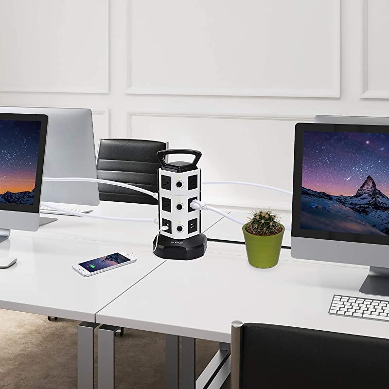 Strip Tower JACKYLED Surge Protector Electric Charging Station 3000W 13A 10 Outlets 4 USB Ports with 16AWG 65ft Heavy Duty Extension Cord for Home Office