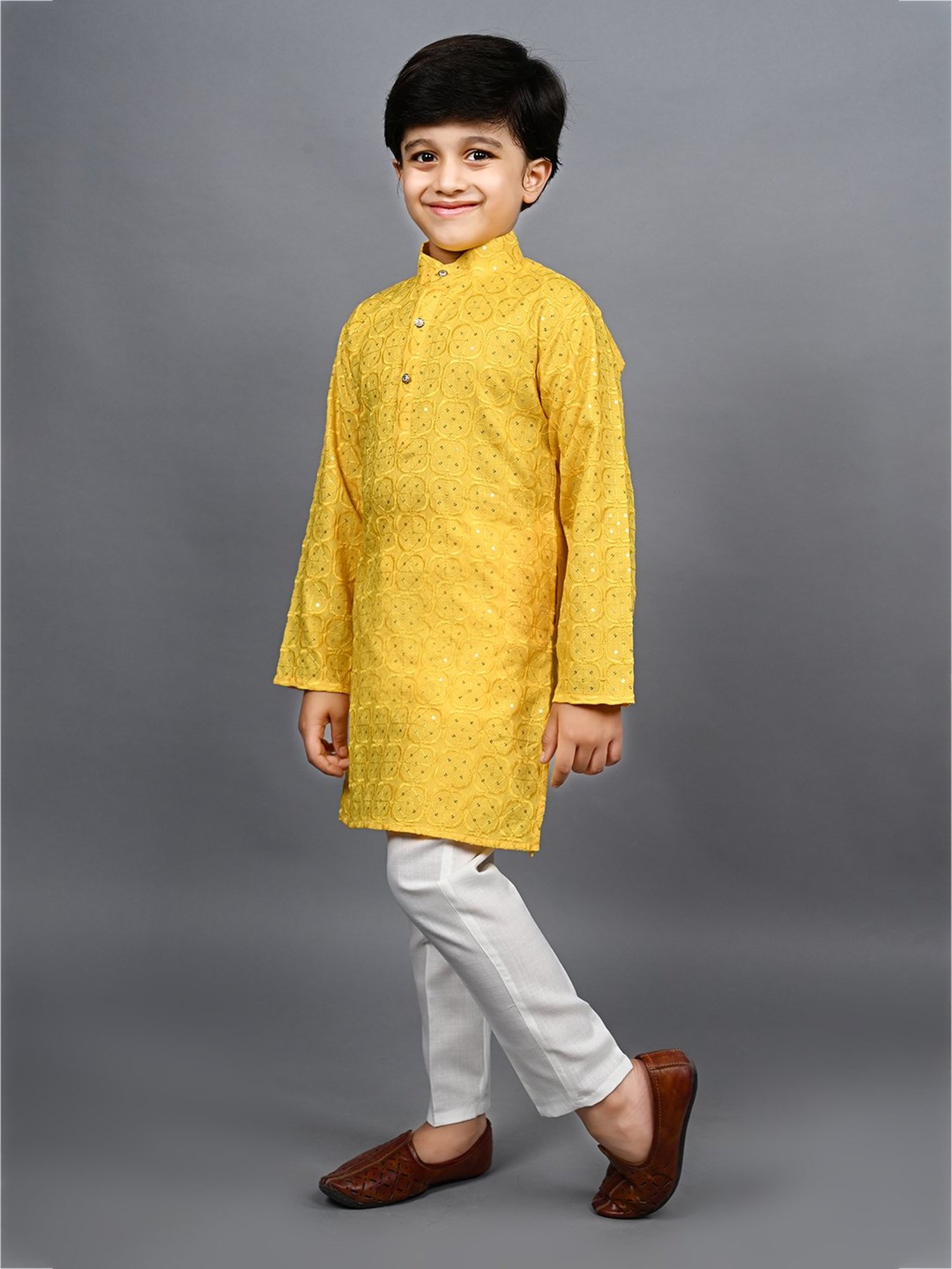 Ahhaaaa Kids Yellow & White Embellished Full Sleeves Kurta With Pyjamas