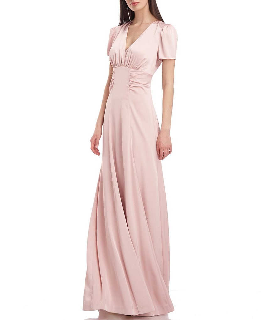 Kay Unger Quinn V-Neck Short Sleeve Side Ruched Charmeuse Gown