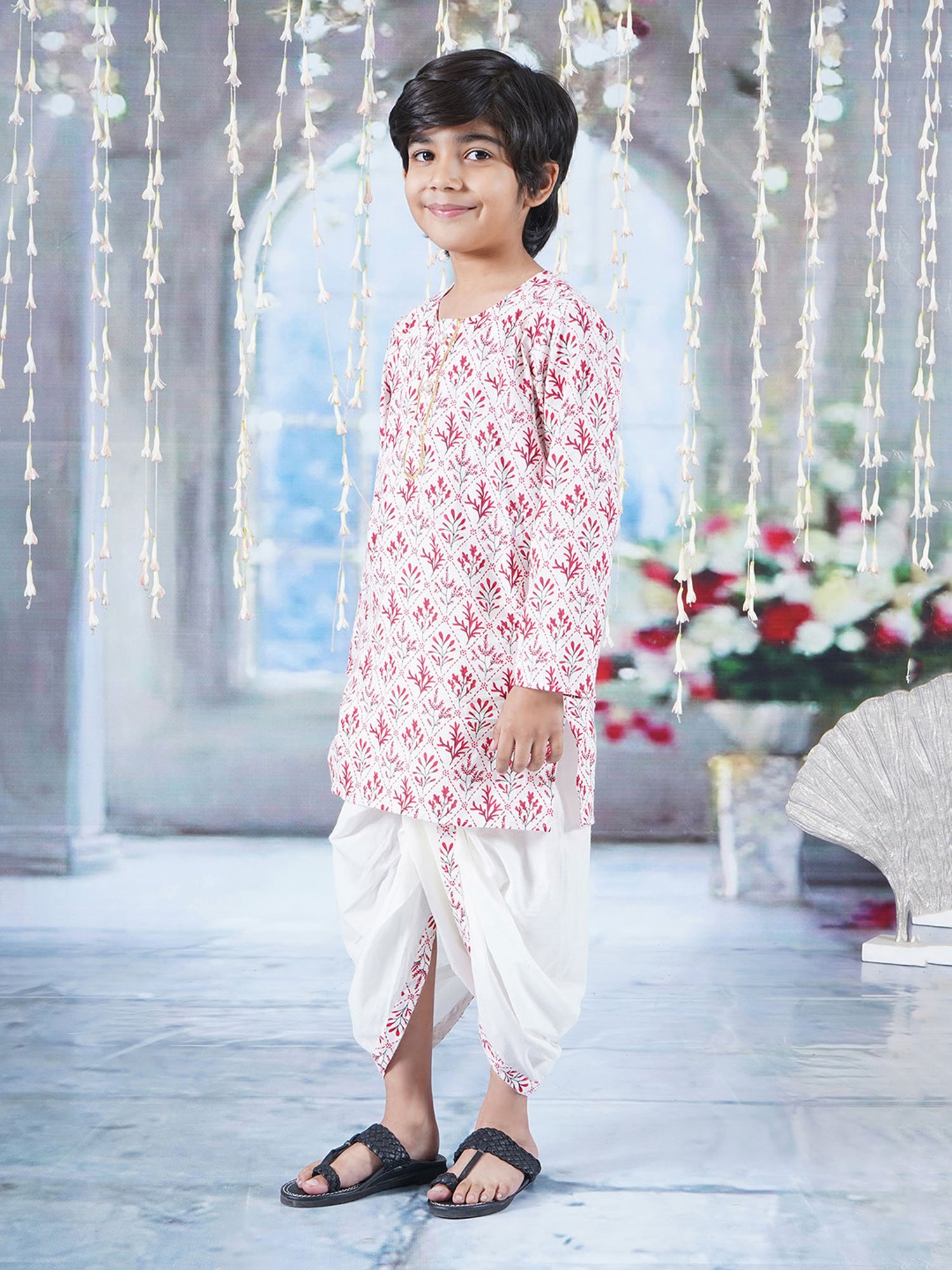 Little Bansi Kids White & Pink Printed Kurta with Dhoti