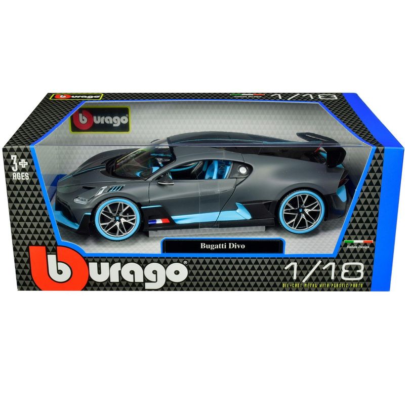 Bugatti Divo Matt Gray with Blue Accents 1/18 Diecast Model Car by Bburago