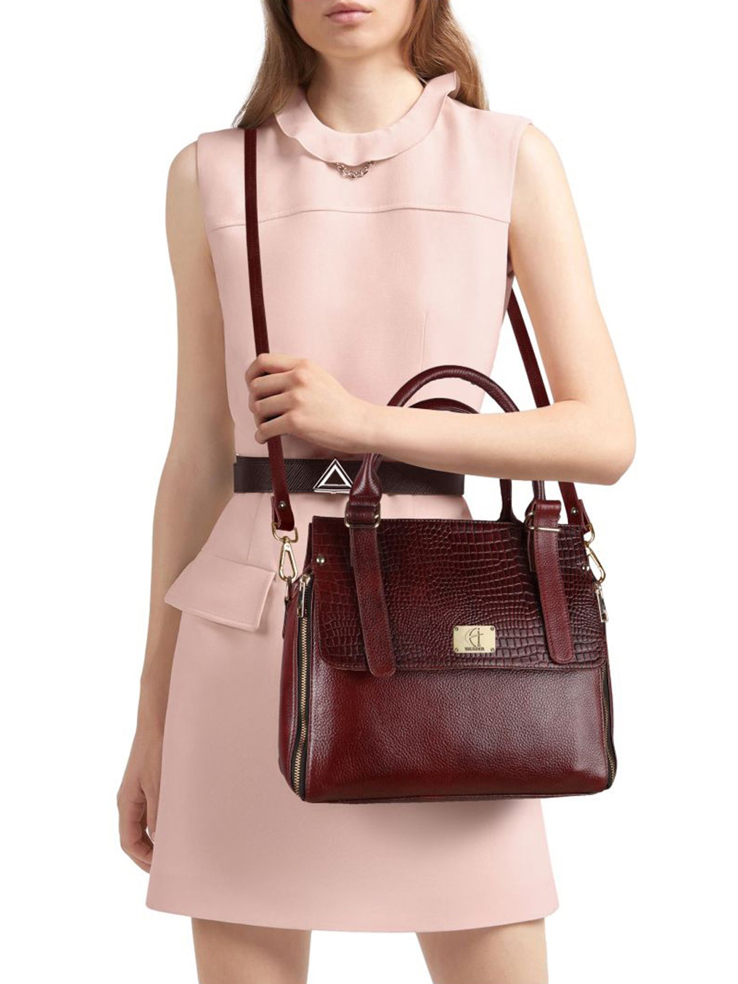 HiLEDER Brown Textured Medium Handbag