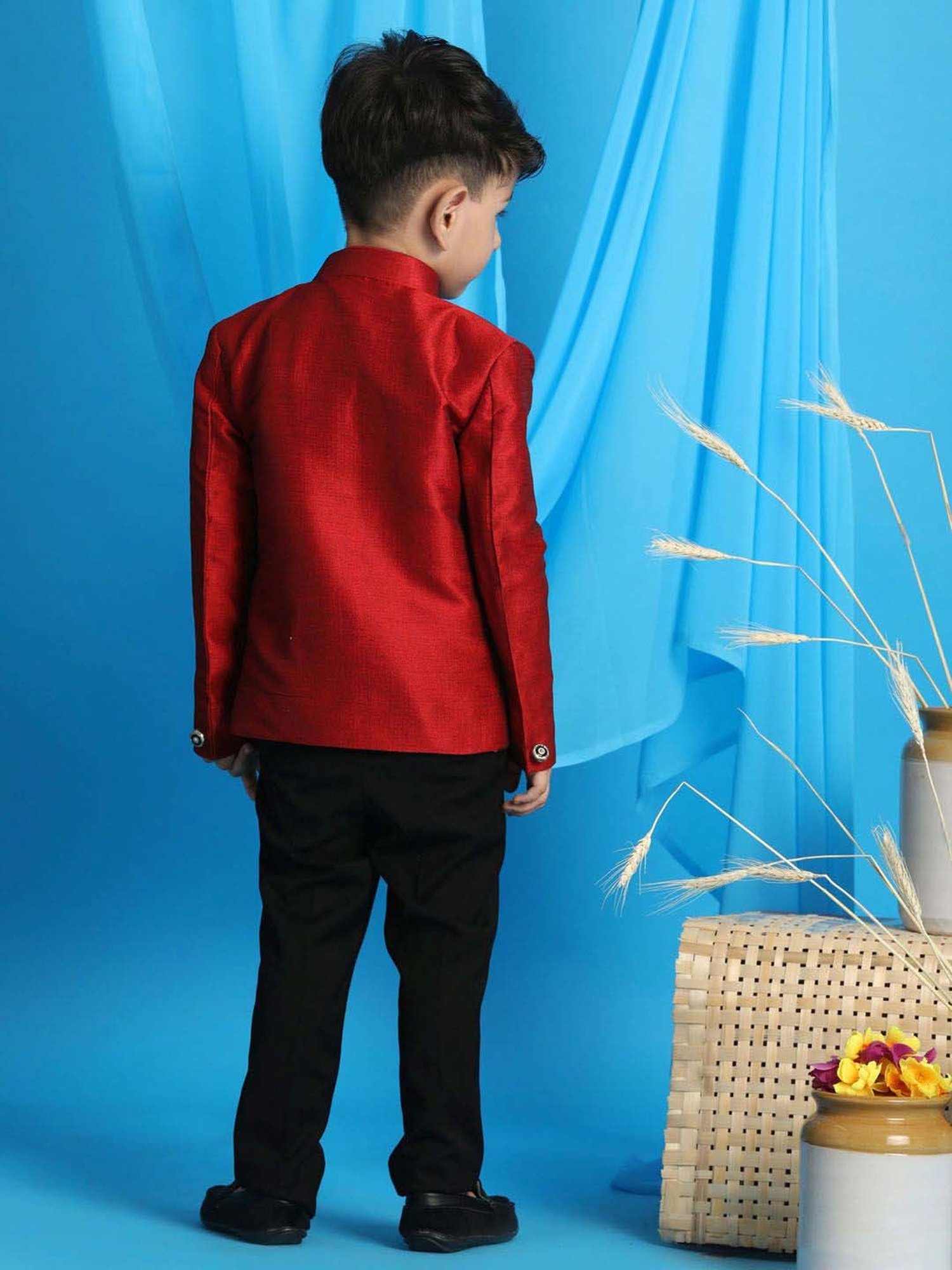 VASTRAMAY Boys Maroon Solid Full Sleeves Indowestern