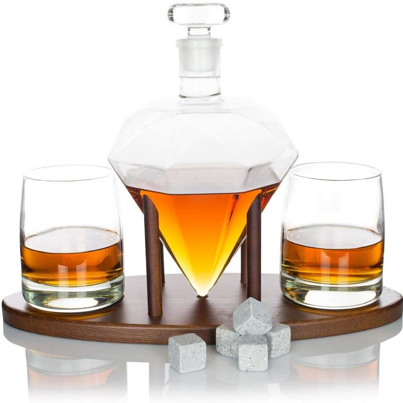 Atterstone Unique One of a Kind Diamond Decanter Home Bar Set with Whiskey Ice Cube Chiller Stones and 2 Lowball Drinking Glasses