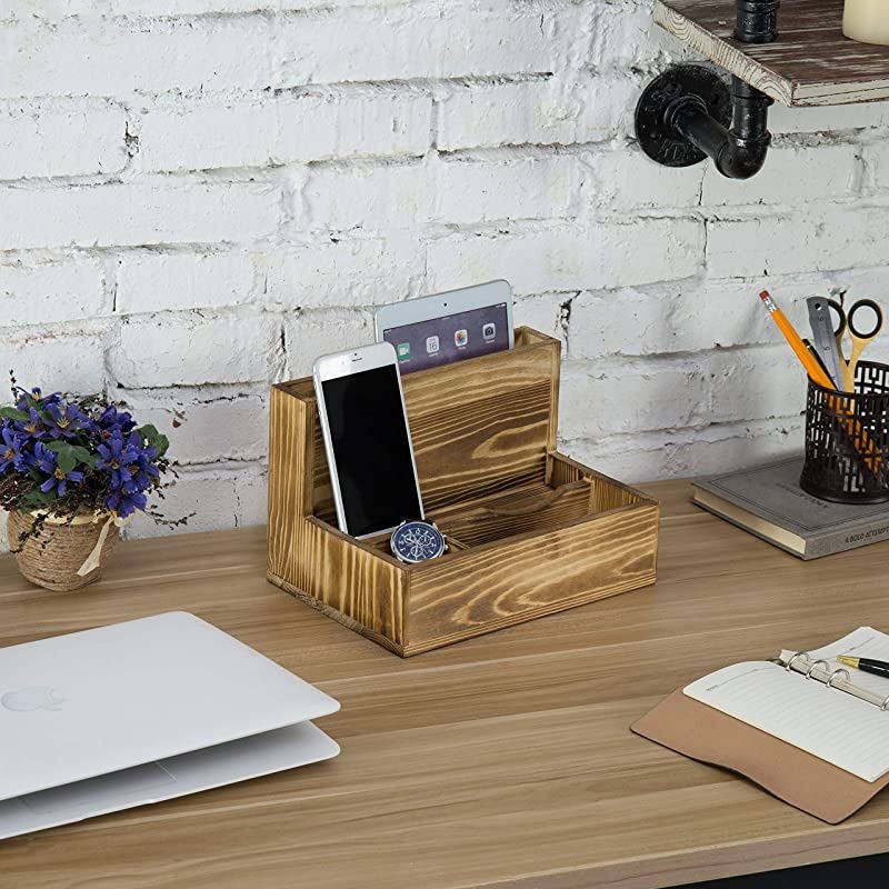 Torched Wood Smartphone amp Tablet Cradle Valet Tabletop Charging Station Brown