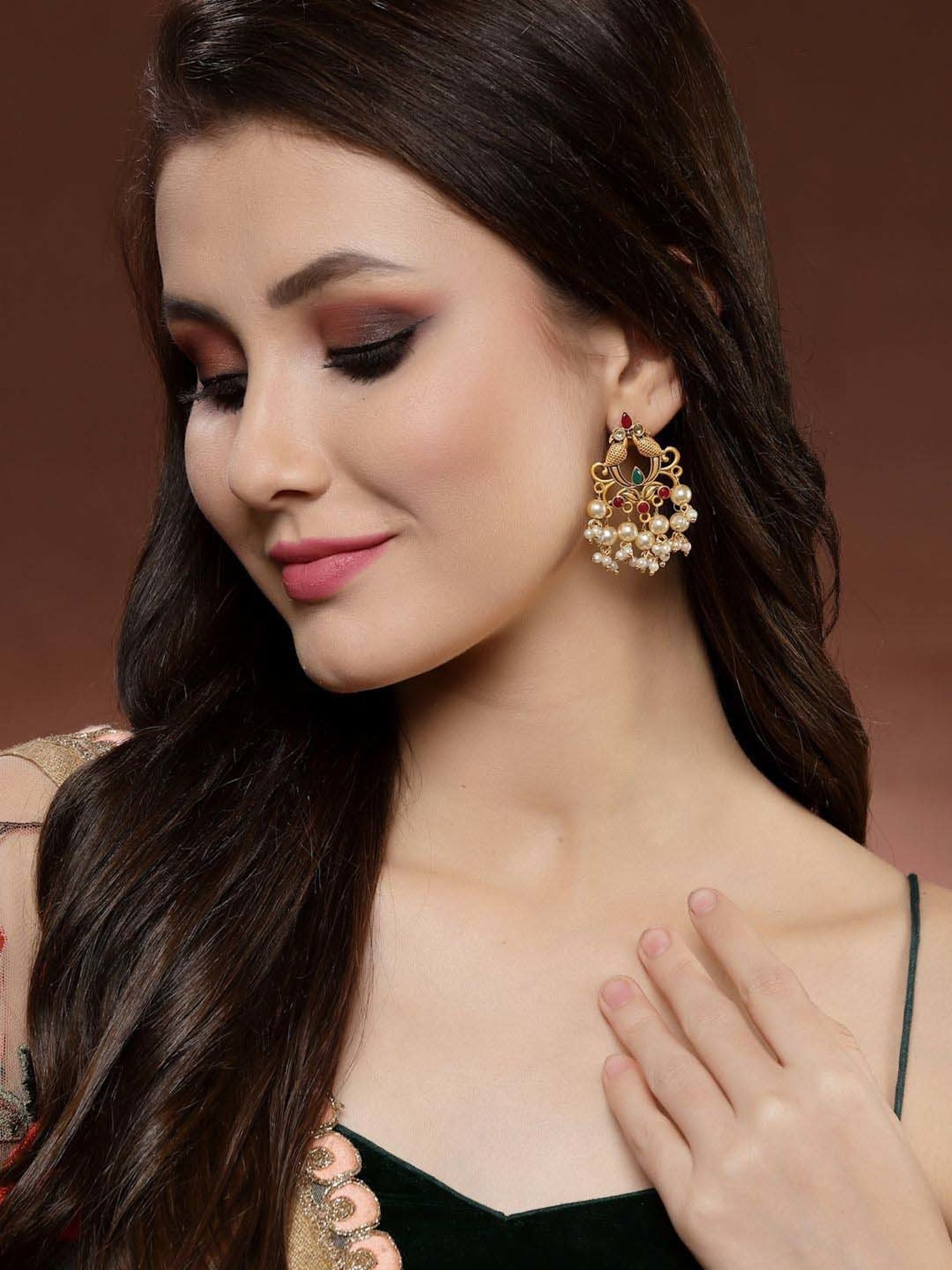 Panash Gold-Plated Red & Green Beads Peacock Shaped Pearl Stud Earrings