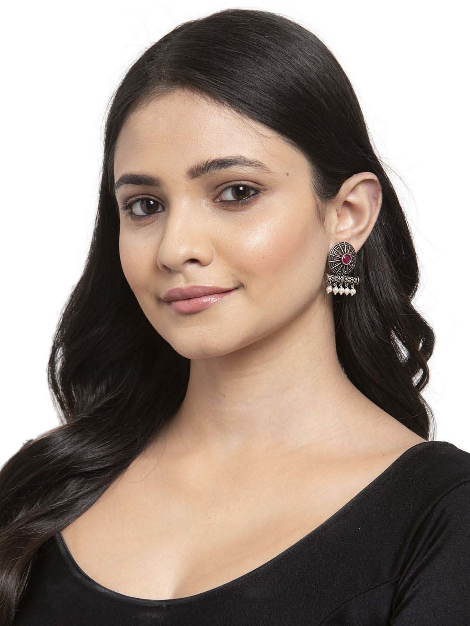 Panash Silver-Plated & Pink Circular Oxidised Stud Earrings