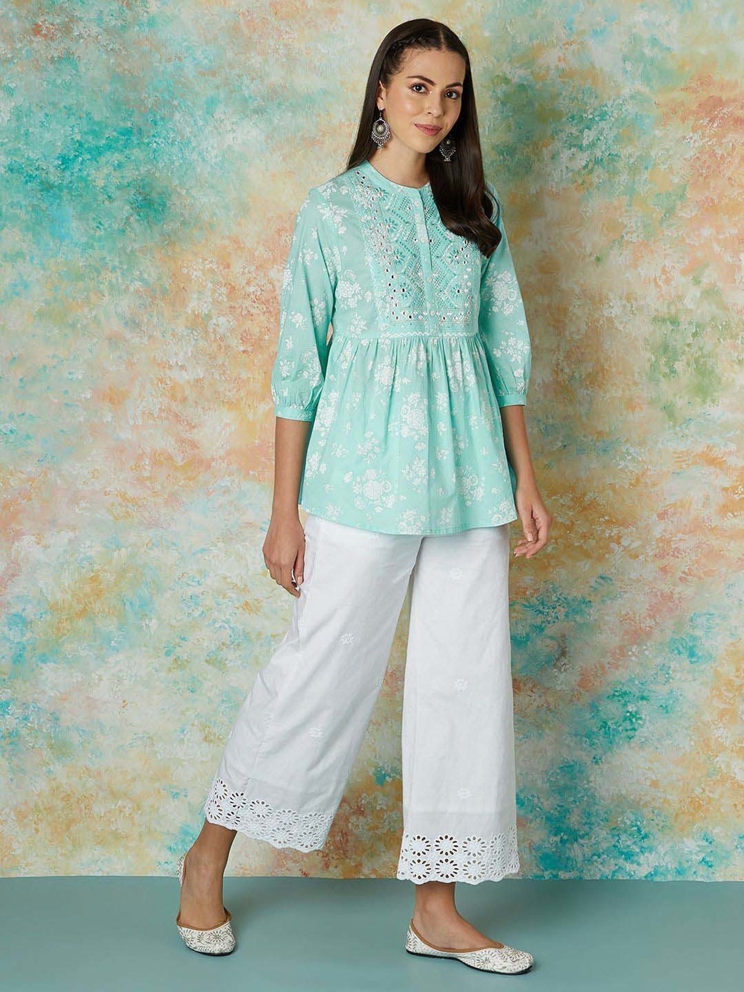 Melange by Lifestyle Blue Cotton Embroidered Tunic