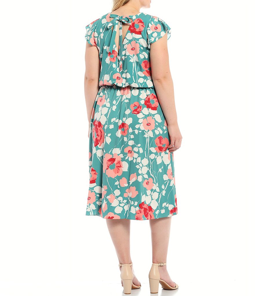 Adrianna Papell Plus Size Flutter Cap Sleeve V-Neck Floral Stretch Twill Midi Dress