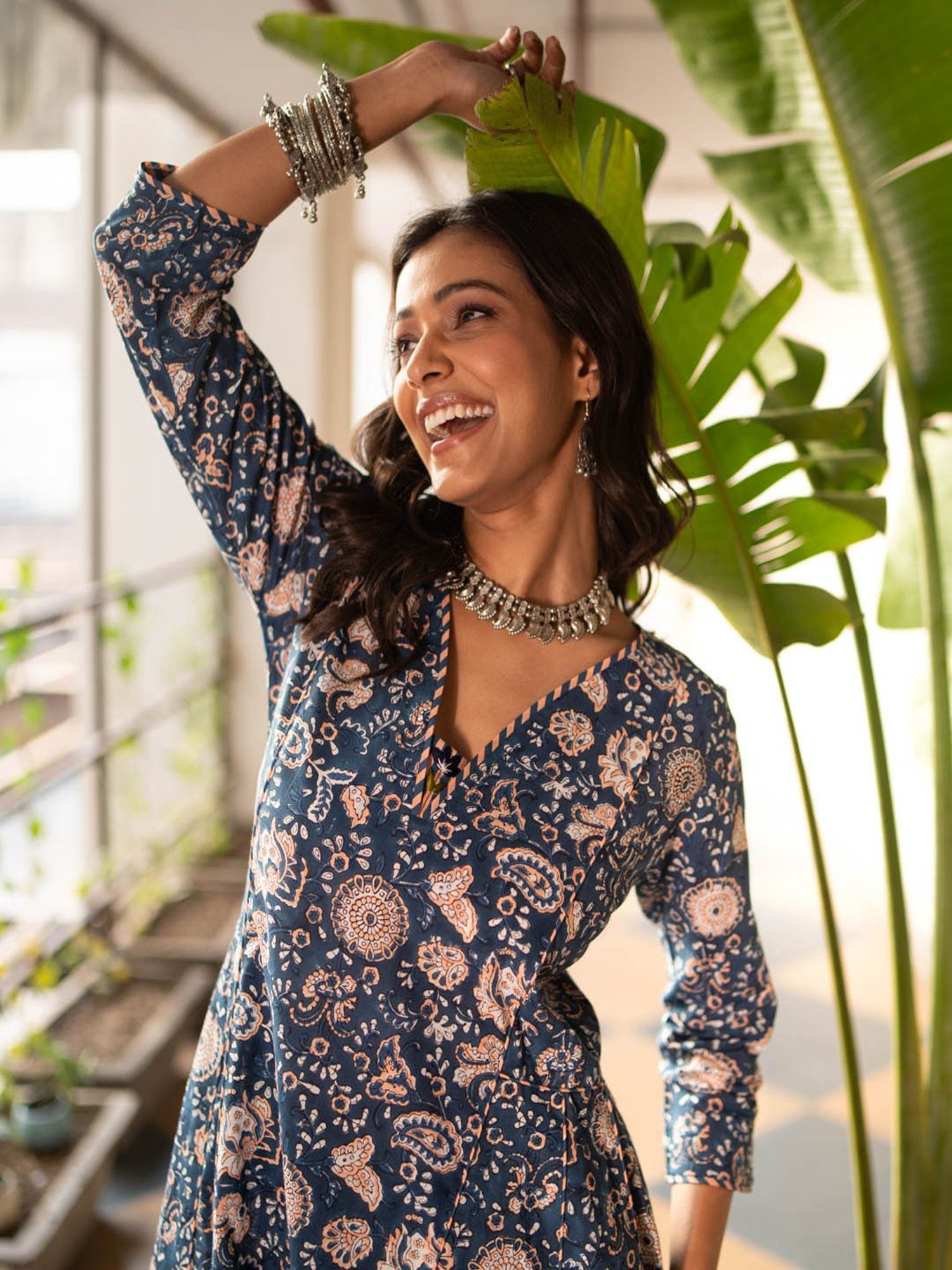 Akiso Blue Block Printed Anarkali Kurta With Hand Embroidery Details