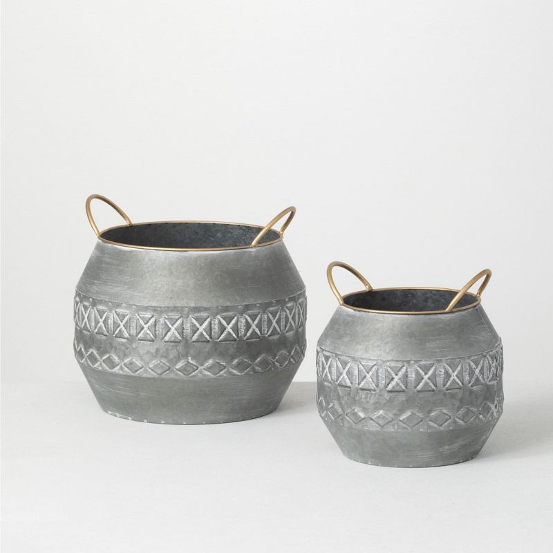 Sullivans Round Metal Planter with Handle Set of 2, 11.25"H & 9.5"H Silver