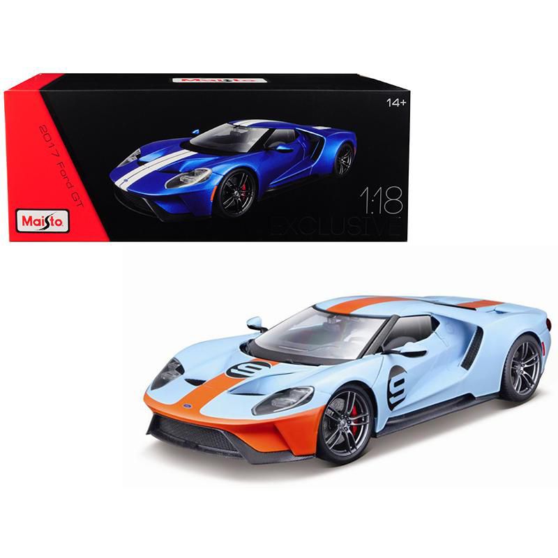 2017 Ford GT #9 Light Blue with Orange Stripe "Exclusive Edition" 1/18 Diecast Model Car by Maisto