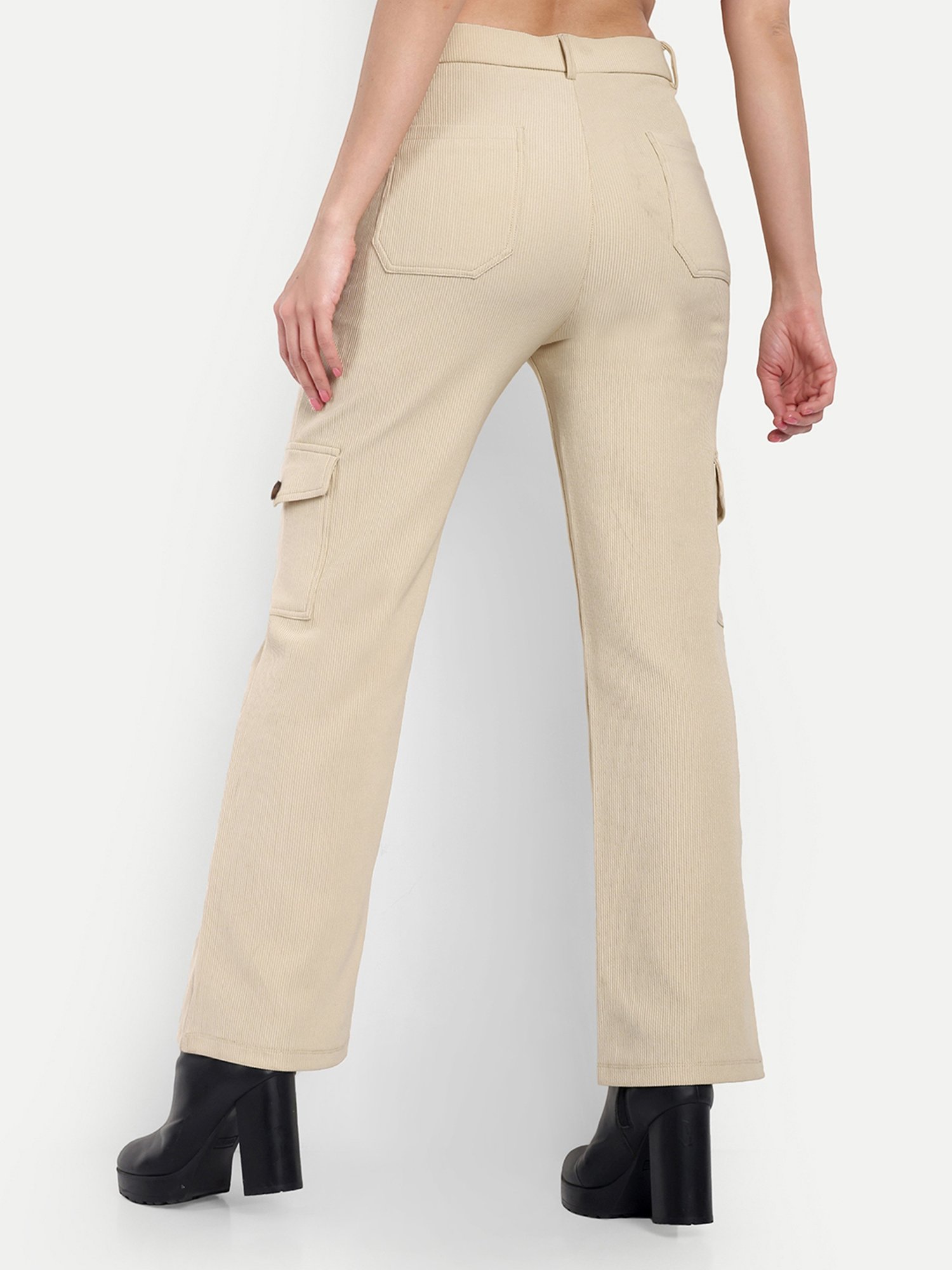 Broadstar Beige Straight Fit High Rise Cargo Pants