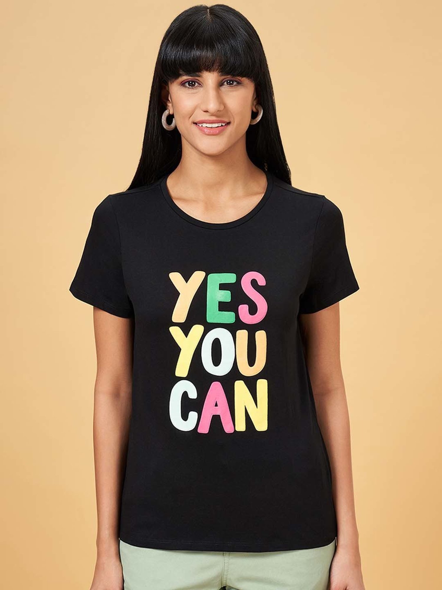 People by Pantaloons Jet Black Cotton Printed T-Shirt