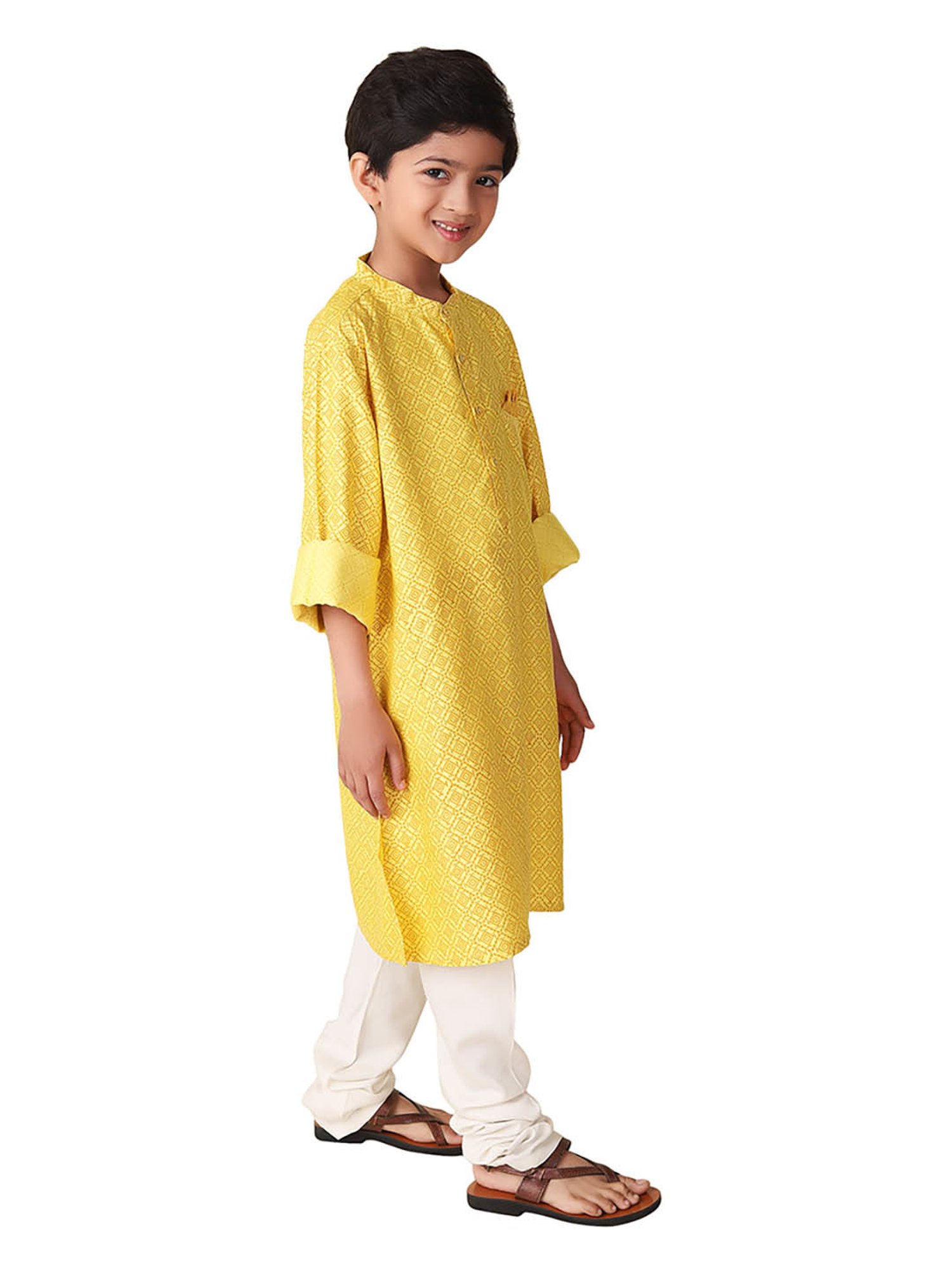 Fabindia Kids Yellow Printed Full Sleeves Kurta