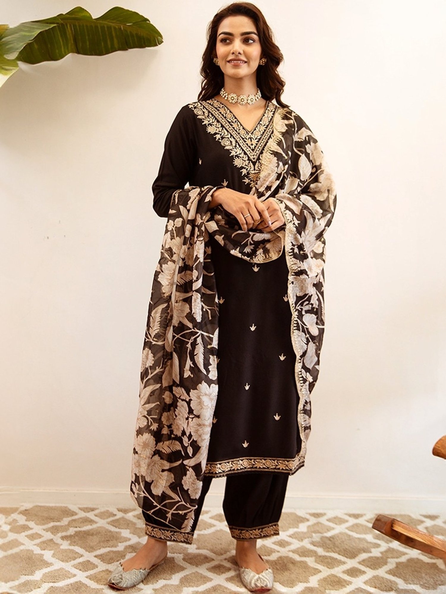 Indo Era Black Embroidered Kurta Salwar Set With Dupatta