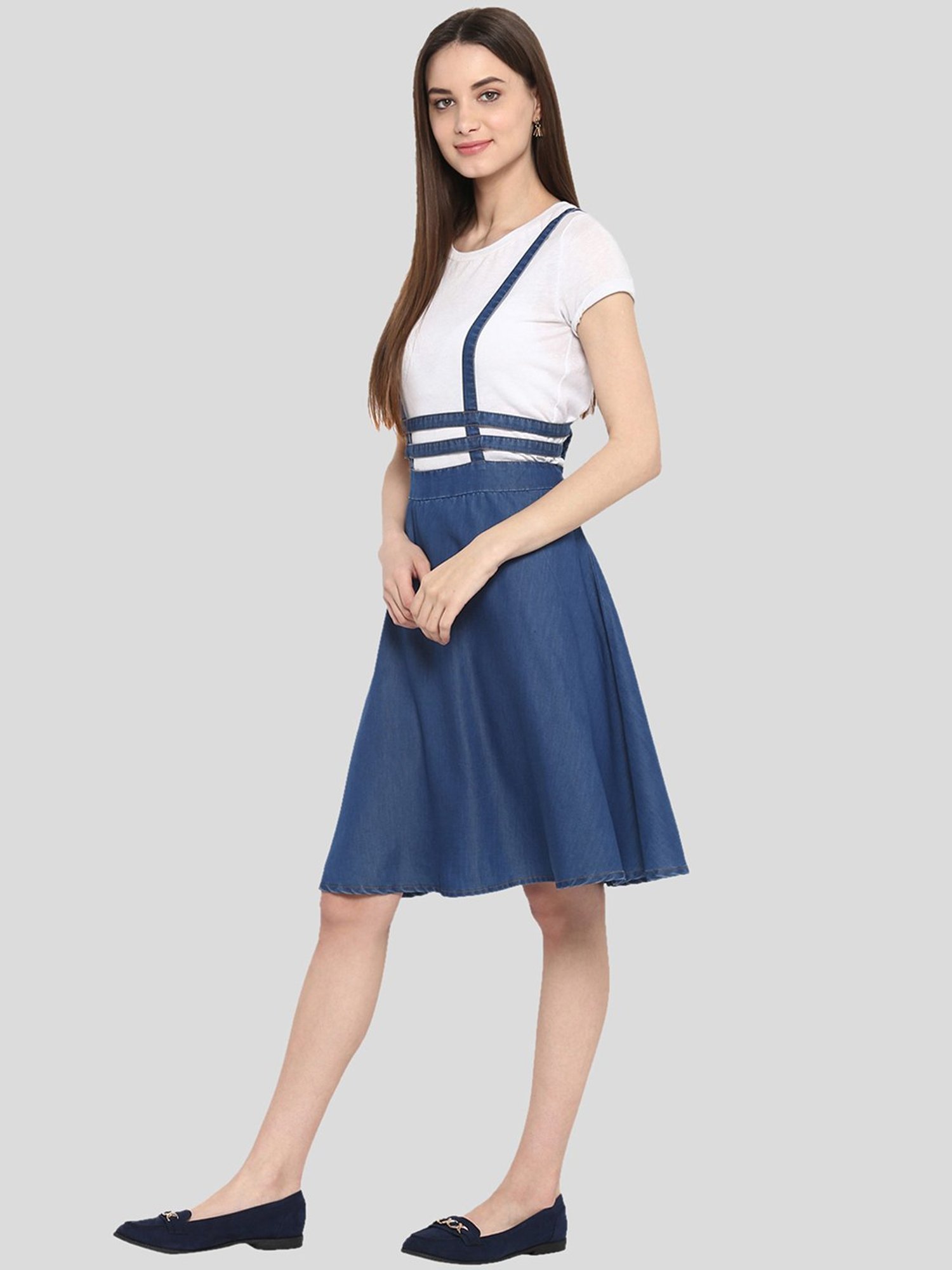 StyleStone Blue & White Pinafore A Line Dress