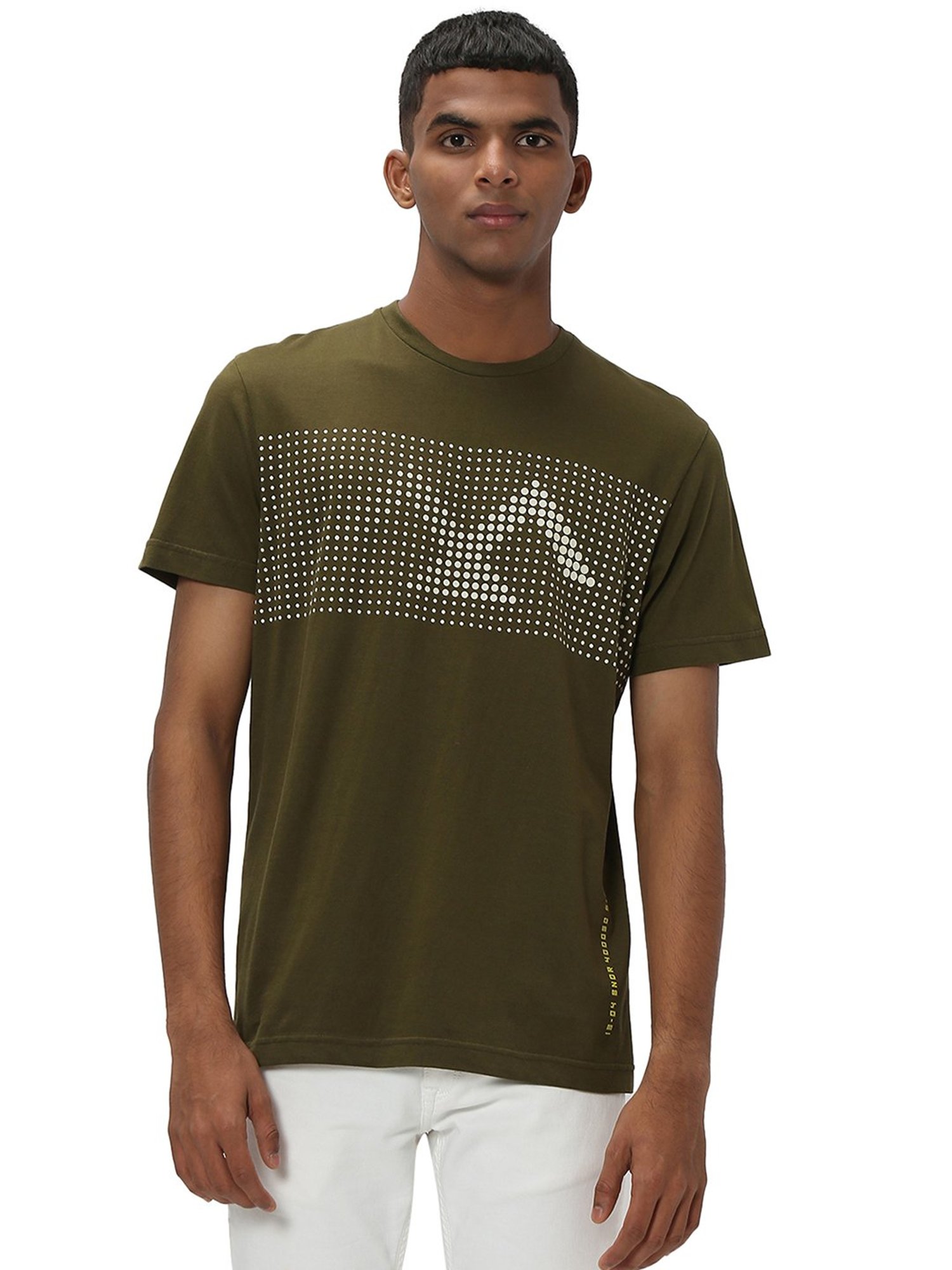 Mufti Olive Slim Fit Printed Cotton Crew T-Shirt