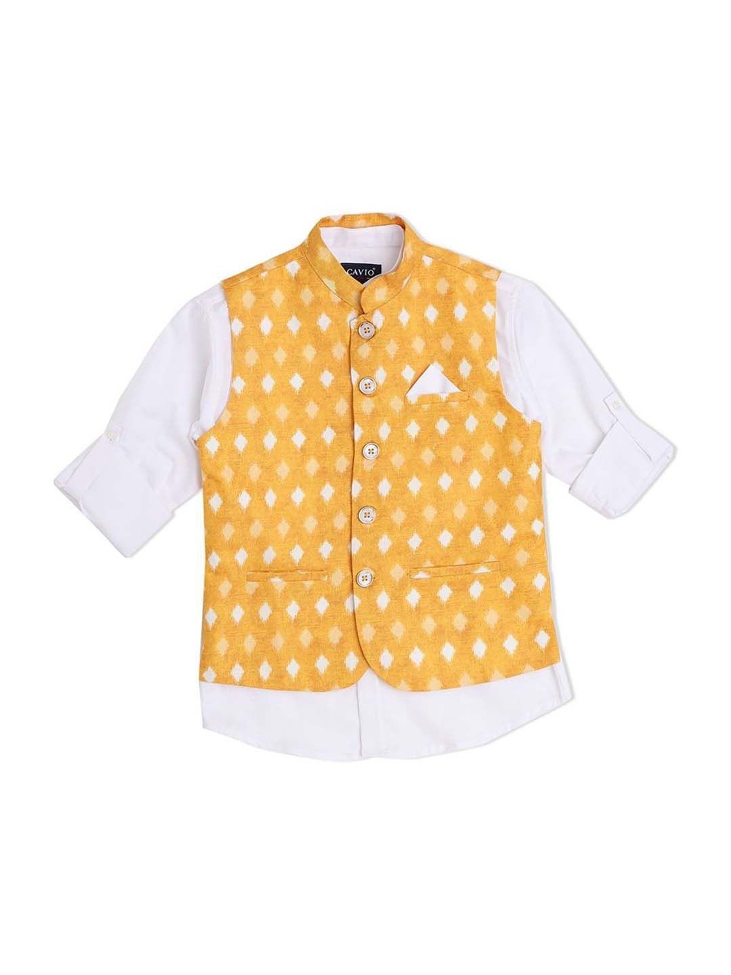 Cavio Kids Yellow & White Cotton Printed Shirt Set