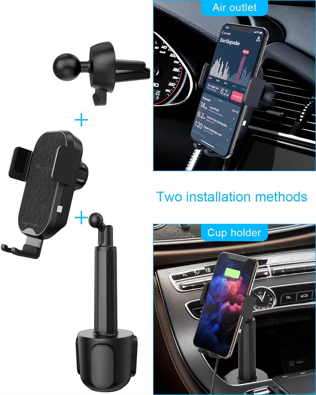 Wireless Car Charger, Squish 2-in-1 Universal Cell Phone Holder Cup Holder Phone Mount Car Air Vent Holder for iPhone, Samsung, Moto, Huawei, Nokia, LG, Smartphones (7.6 inches)