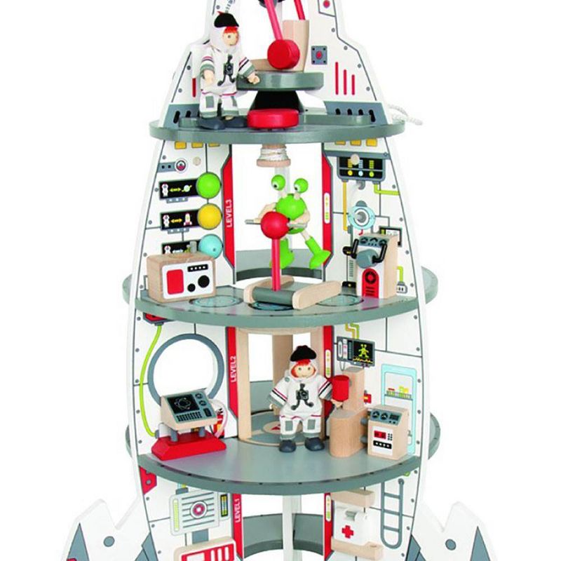 Hape Multi Level 4 Tier 37 Piece Wooden Discovery Spaceship Center Kids Activity Play Set with Accessories