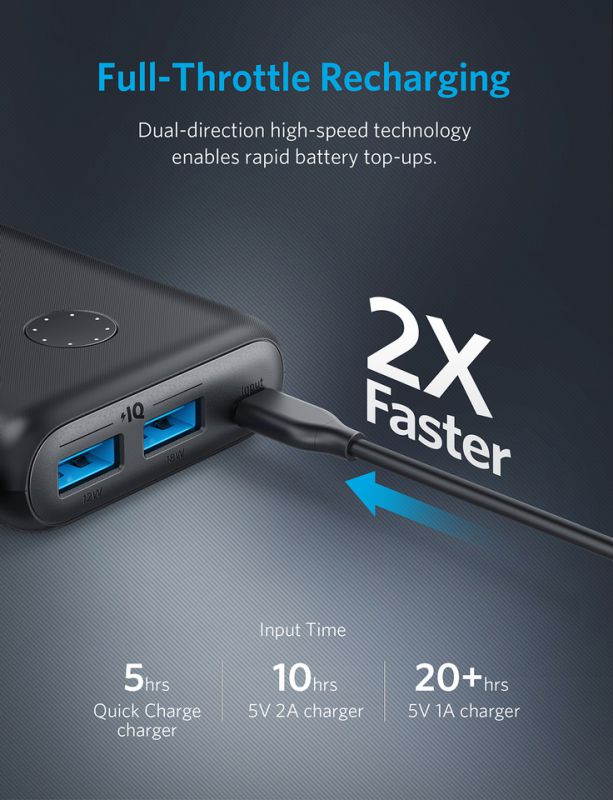 Anker PowerCore II 20000, 20100mAh Portable Charger with Dual USB Ports, PowerIQ 2.0 (up to 18W Output) Power Bank, Fast Charging for iPhone, Samsung and More (Compatible with Quick Charge Devices)