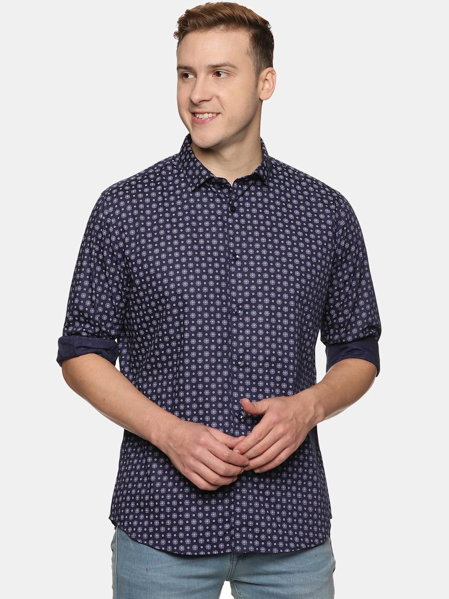 Don Vino Navy Slim Fit Floral Print Shirt
