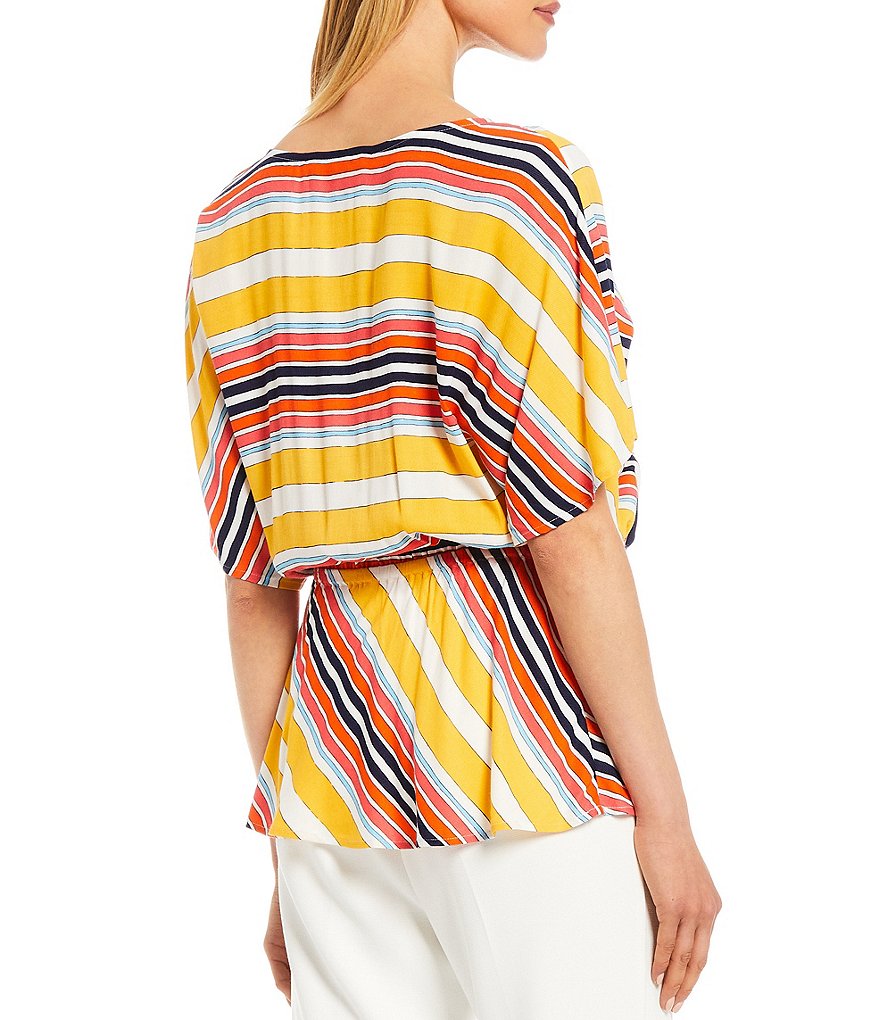 Trina Turk Colorful Stripe Print Surplice Neck Elastic Waist Peplum Top