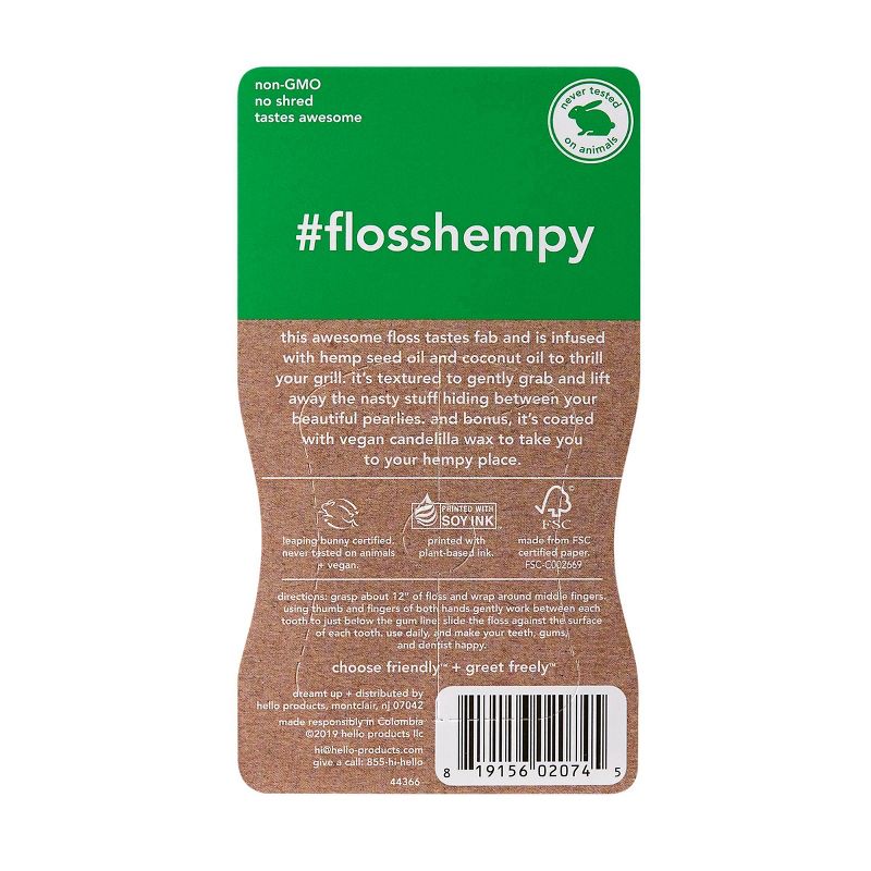 hello Natural Fresh Spearmint Hemp Seed Oil + Coconut Oil Infused Vegan Floss - Trial Size - 54.6 yd