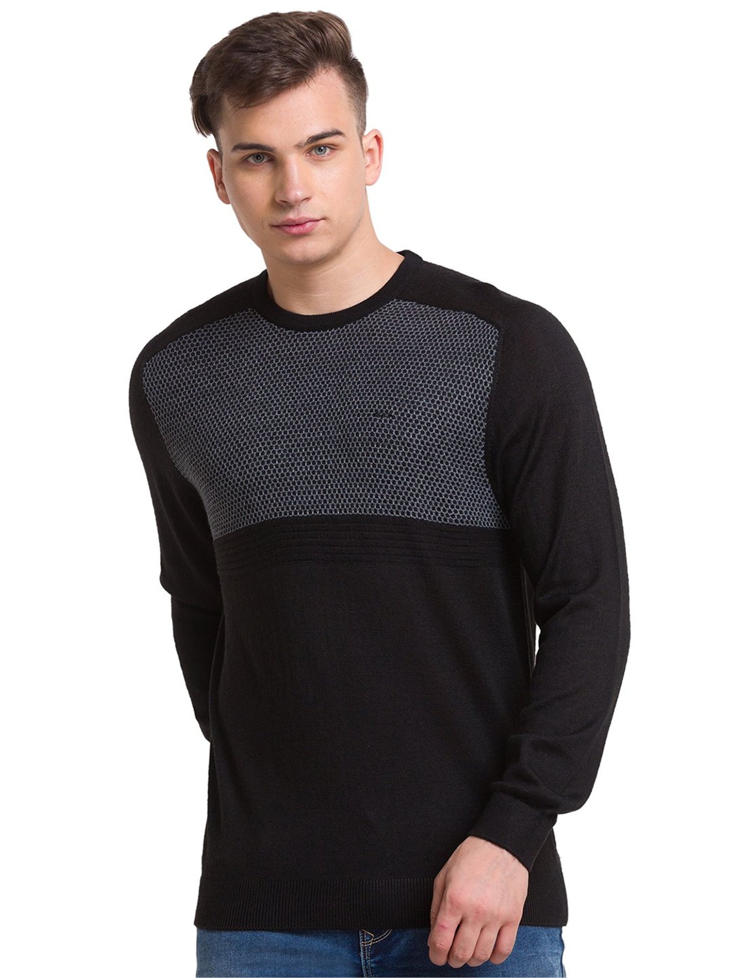 ColorPlus Black Tailored Fit Self Design Sweater