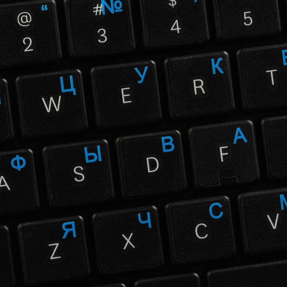 Russian Cyrillic Keyboard Labels Layout ON Transparent Background with Blue, Orange, RED, White OR Yellow Lettering (14X14) (Blue)