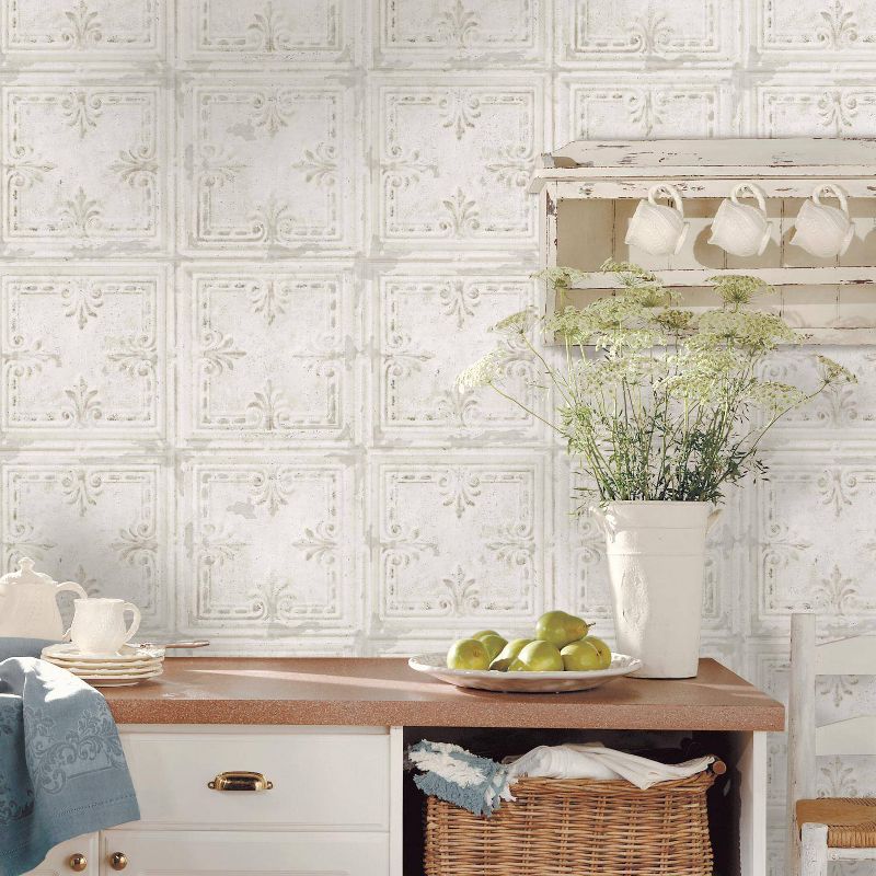RoomMates 28.2" Tin Tile P&S Wallpaper White