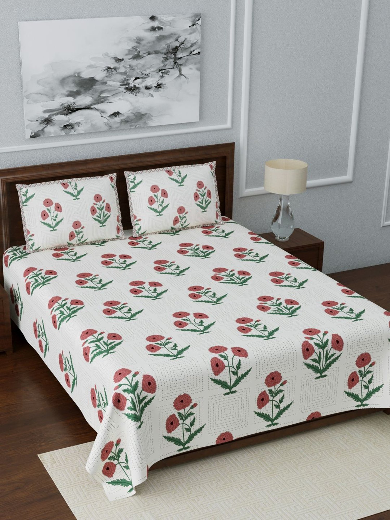 Living Roots Multicolor Jaipuri Printed Cotton Bed Sheet with 2 Pillow Cover