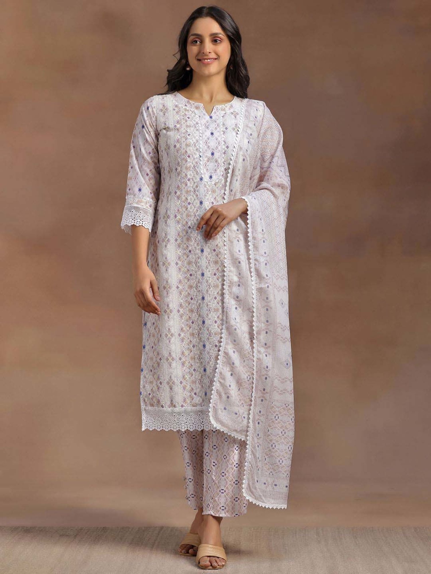 Libas Beige Printed Kurta Pant Set With Dupatta