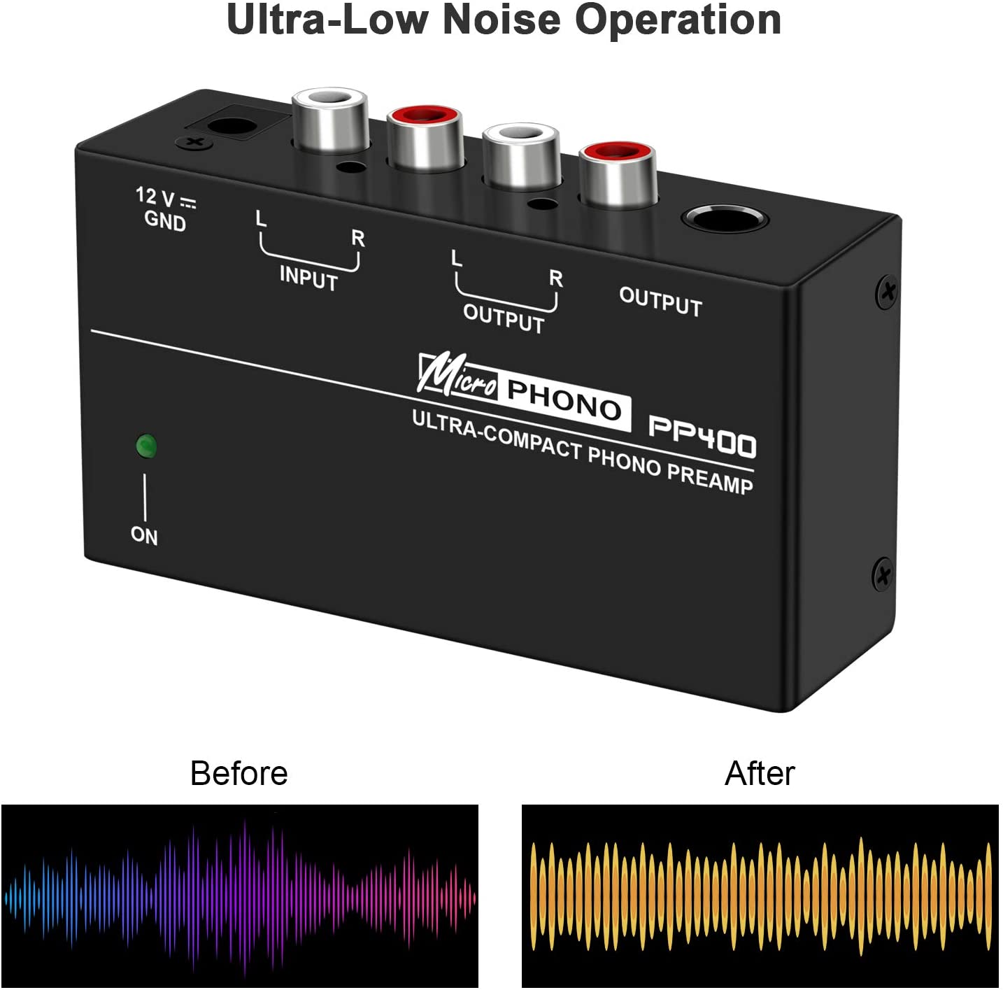 Phono Turntable Preamp - Mini Electronic Audio Stereo Phonograph Preamplifier with RCA Input, RCA/TRS Output,Low Noise Operation,with 12 Volt DC Adapter (PP400)