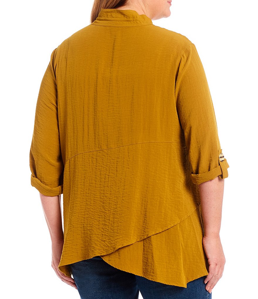 John Mark Plus Size Crinkle Ruffle Banded Collar Neck 3/4 Roll-Tab Sleeve Button Front Tunic