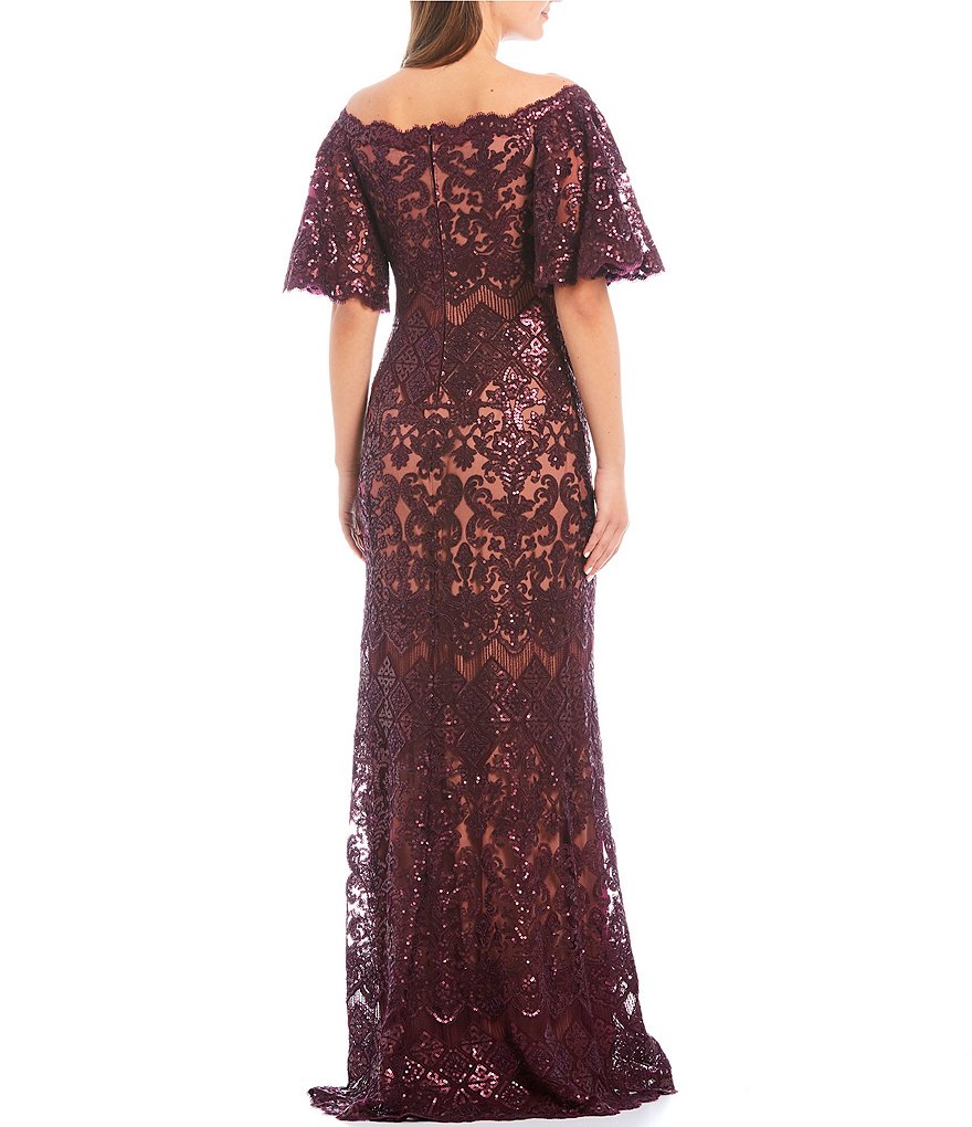 Tadashi Shoji Off-the-Shoulder Sequin Lace Scalloped Hem Gown