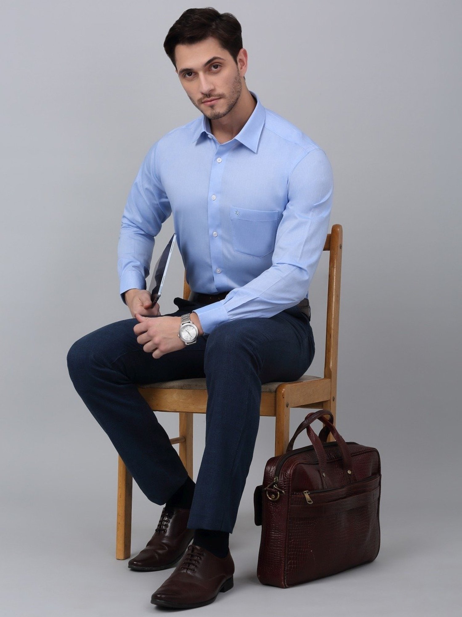 Cantabil Sky Blue Cotton Regular Fit Shirt