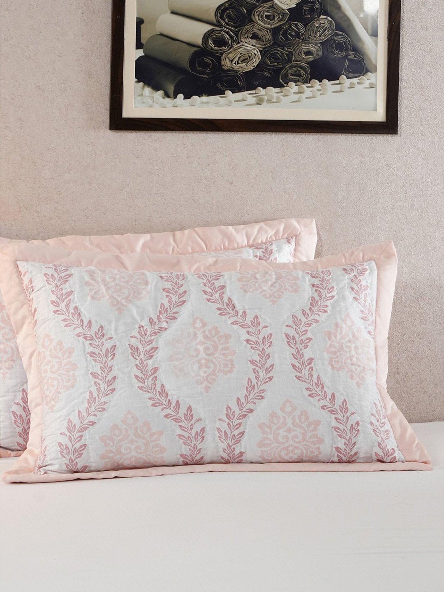 Maspar Tranquil Essence Lawn Leaflet Quilted Peach Cotton Standard Size Pillow Sham - Set of 2