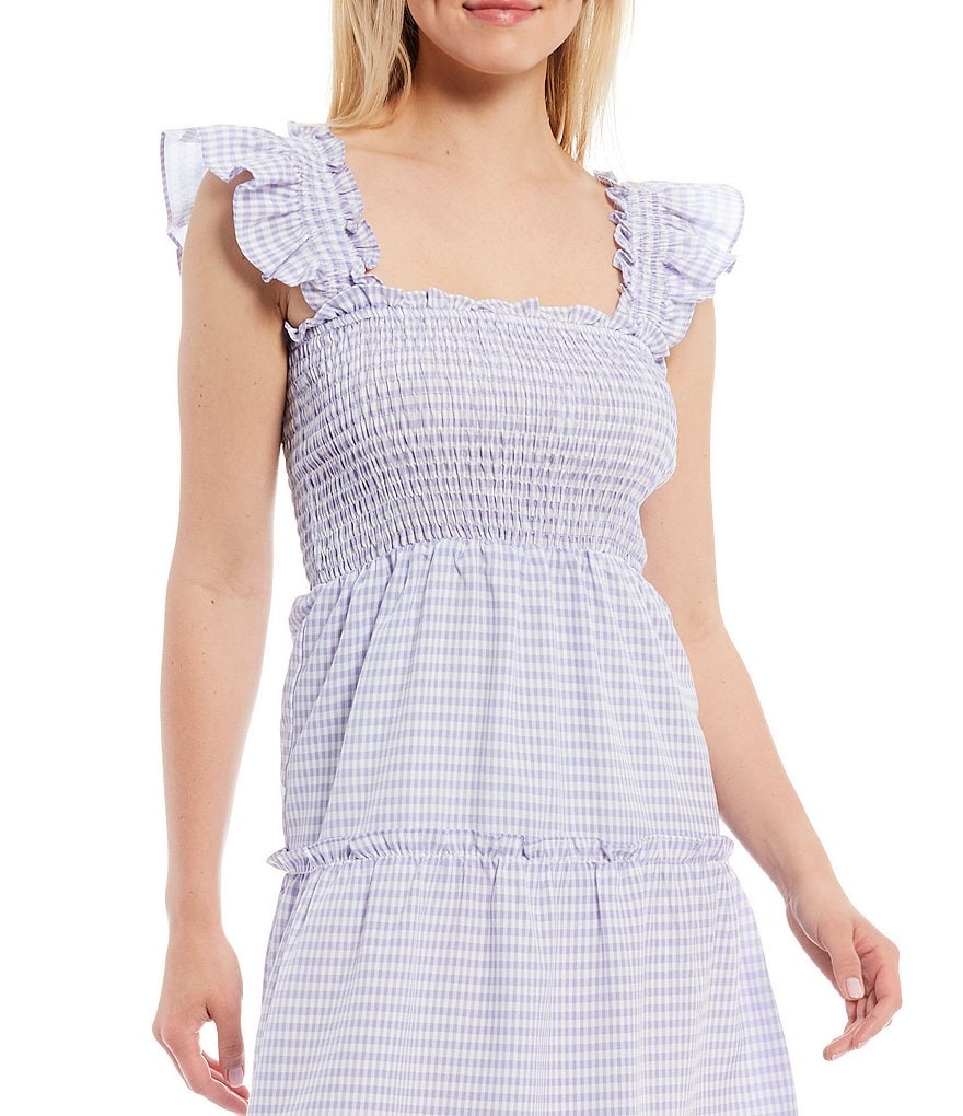 Sugarlips Gingham Square Neck Flutter Shoulder Tiered Smocked Sleeveless Midi Dress