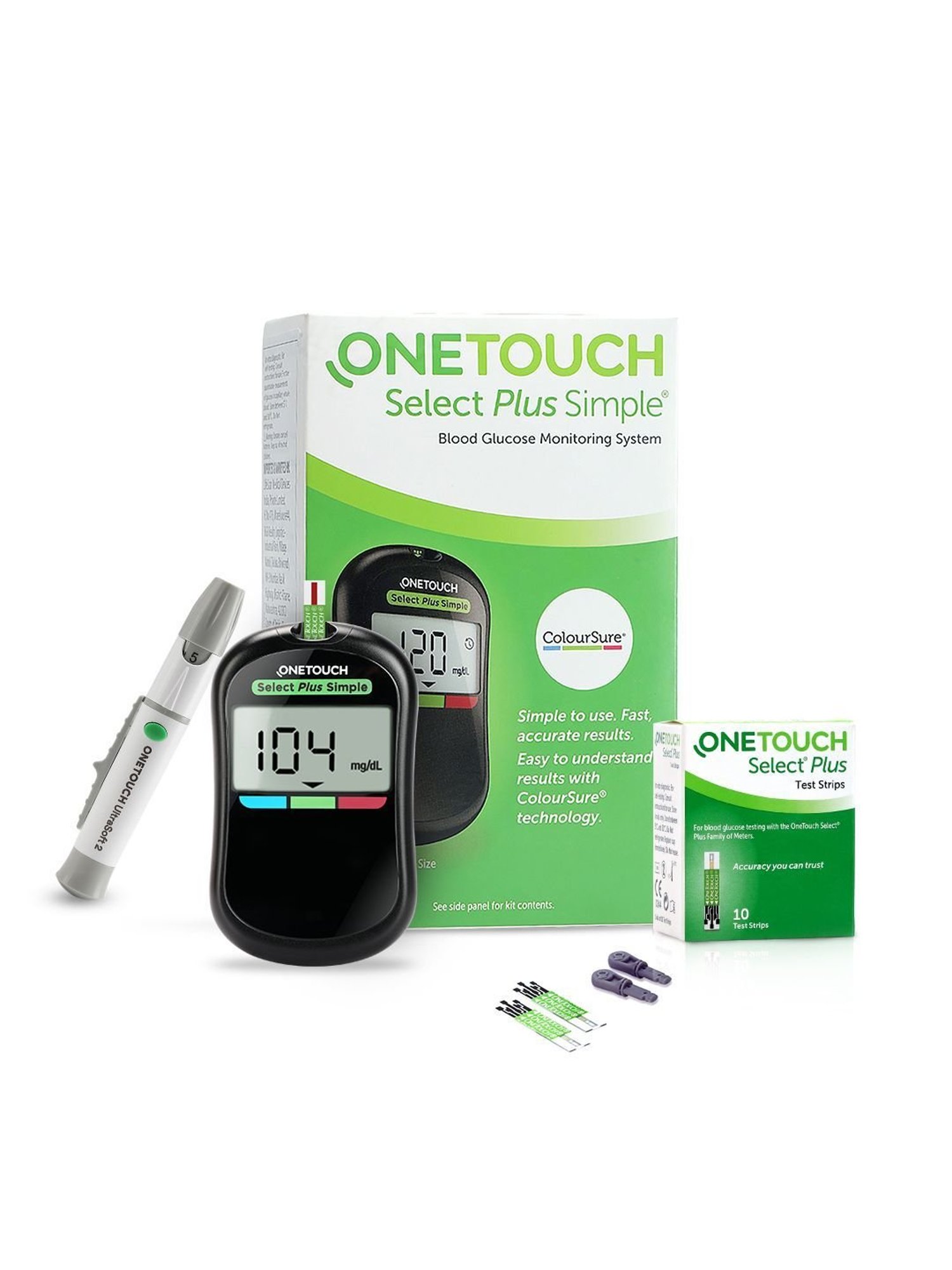 OneTouch Select Plus Simple glucometer | FREE 10 Test Strips + 10 Lancets + 1 Lancing device