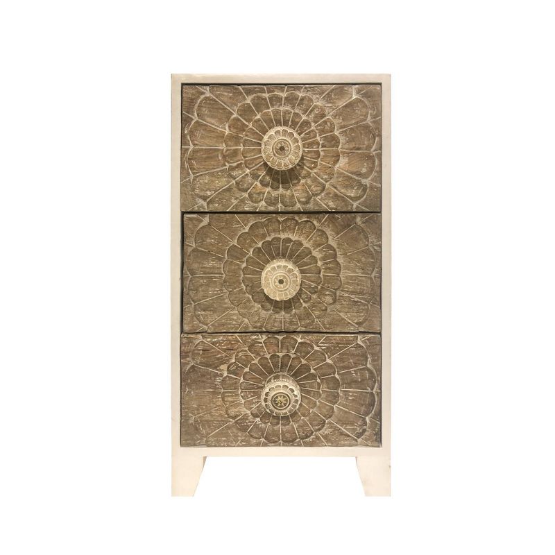 3 Drawer Mango Wood Accent Storage Cabinet with Detailed Front Panels Brown/White - The Urban Port