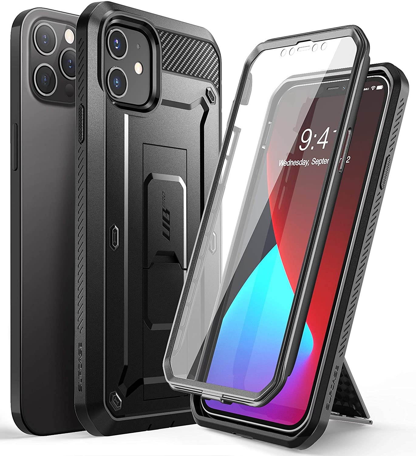 SupCase Unicorn Beetle Pro Series Case for iPhone 12 / iPhone 12 Pro (2020 Release) 6.1 Inch Built-in Screen Protector Full-Body Rugged Holster Case (Black)