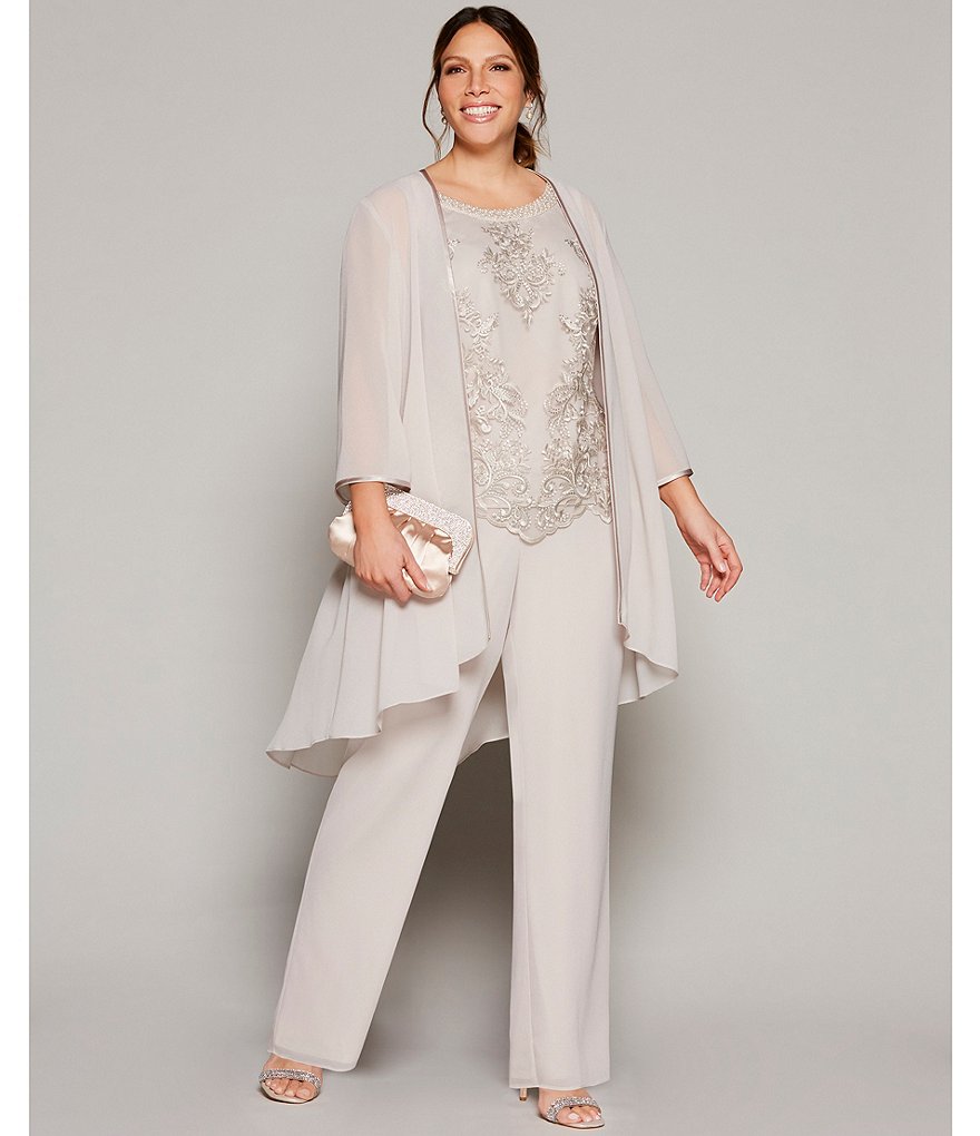 Le Bos Plus Size Crew Neck 3/4 Sleeve Embroidered Georgette 3-Piece Duster Pant Set