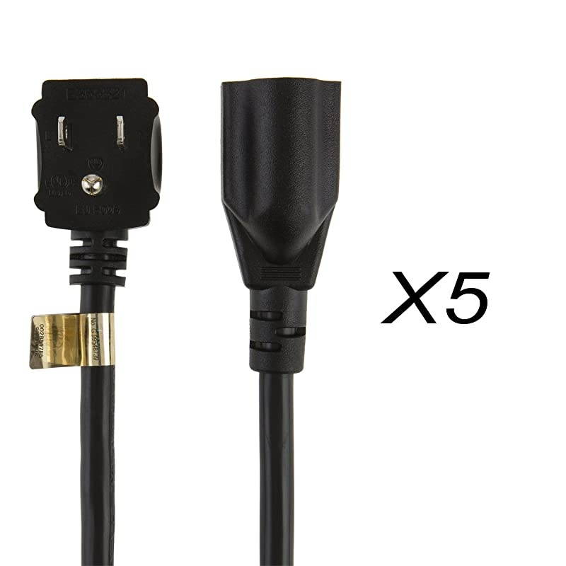 5Pack 1 Foot Power Strip Adapter16 AWG Angle Power Extension Cable Cord for NEMA 515R to NEMA 515P 03M Black