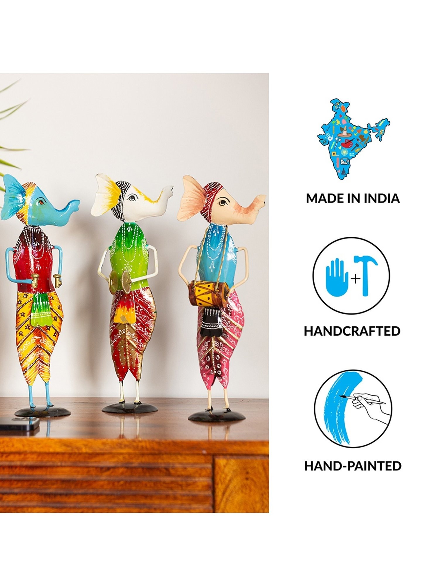 ExclusiveLane Multicolor Sheet Metal Ganesha Trio Handpainted Decorative Showpieces - Set of 3