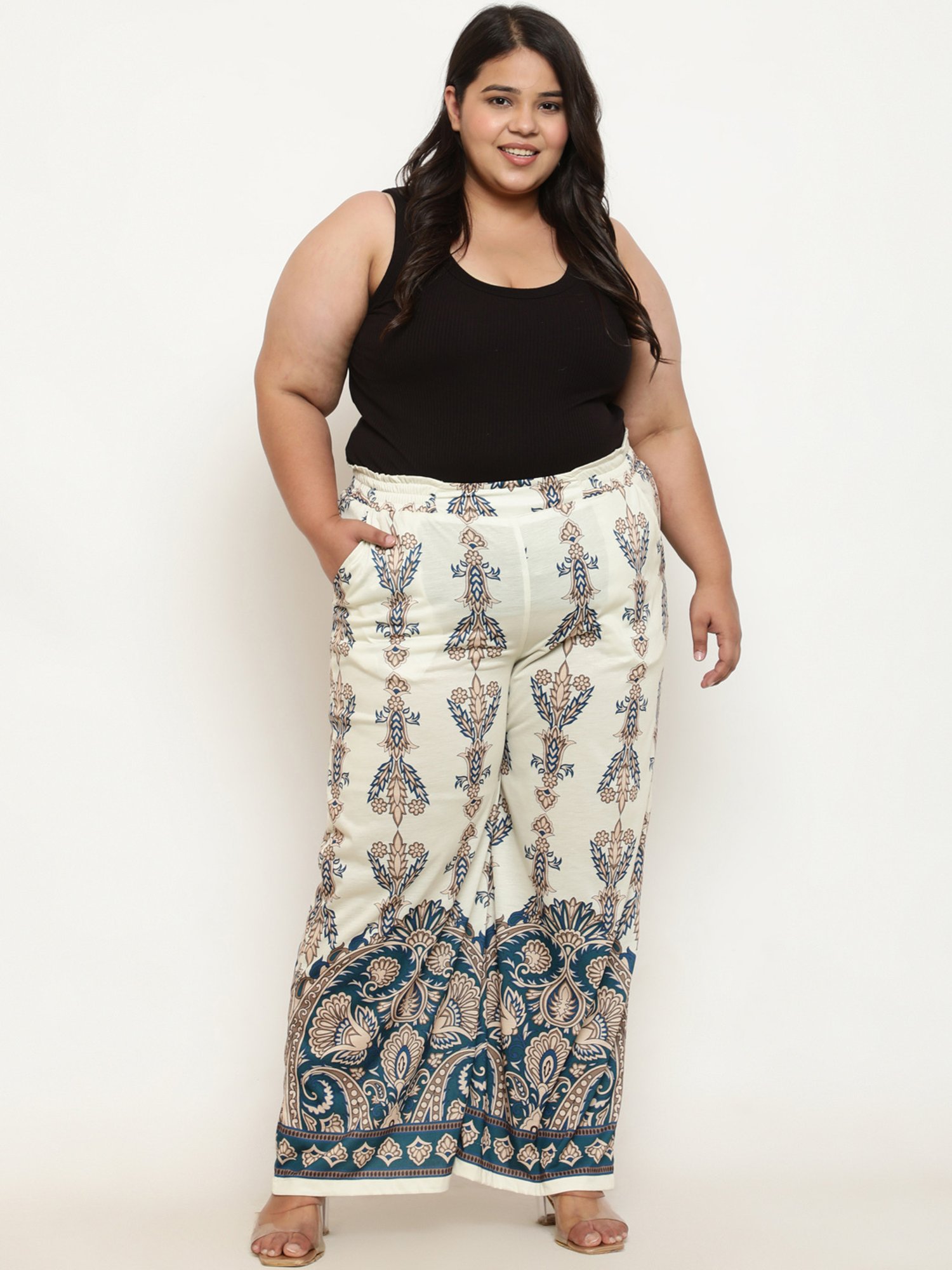 Amydus Cream Printed Flared Fit High Rise Pants