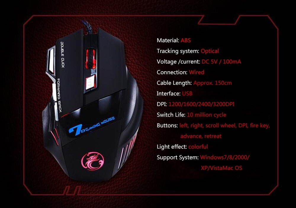 3200 DPI 7 Button 7D LED Optical Wired Gaming Mouse Mice for Laptop PC Professional Gamer Adjustable Black Gaming Mouse