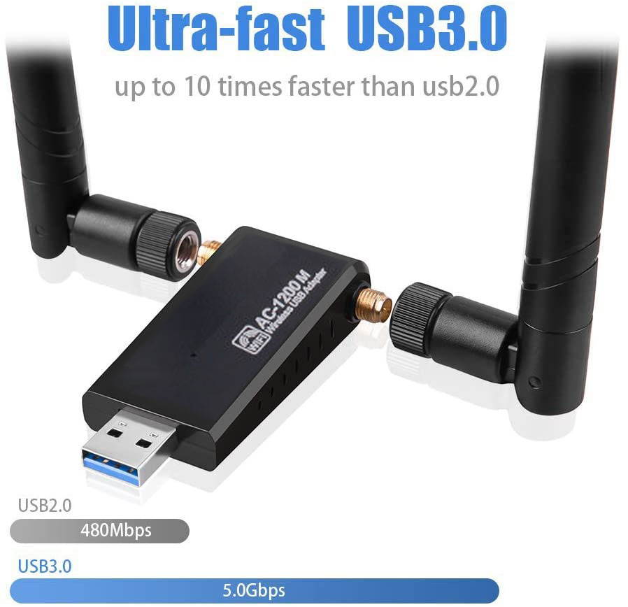CUUWE USB WiFi Adapter for PC,  1200Mbps Dual Band 2.42GHz/450Mbps 5.8GHz/1200Mbps High Gain 5dBi Antennas USB 3.0 Wireless Network Adapter for Desktop Laptop with Windows 10/8/7/XP/Vista, Mac OS