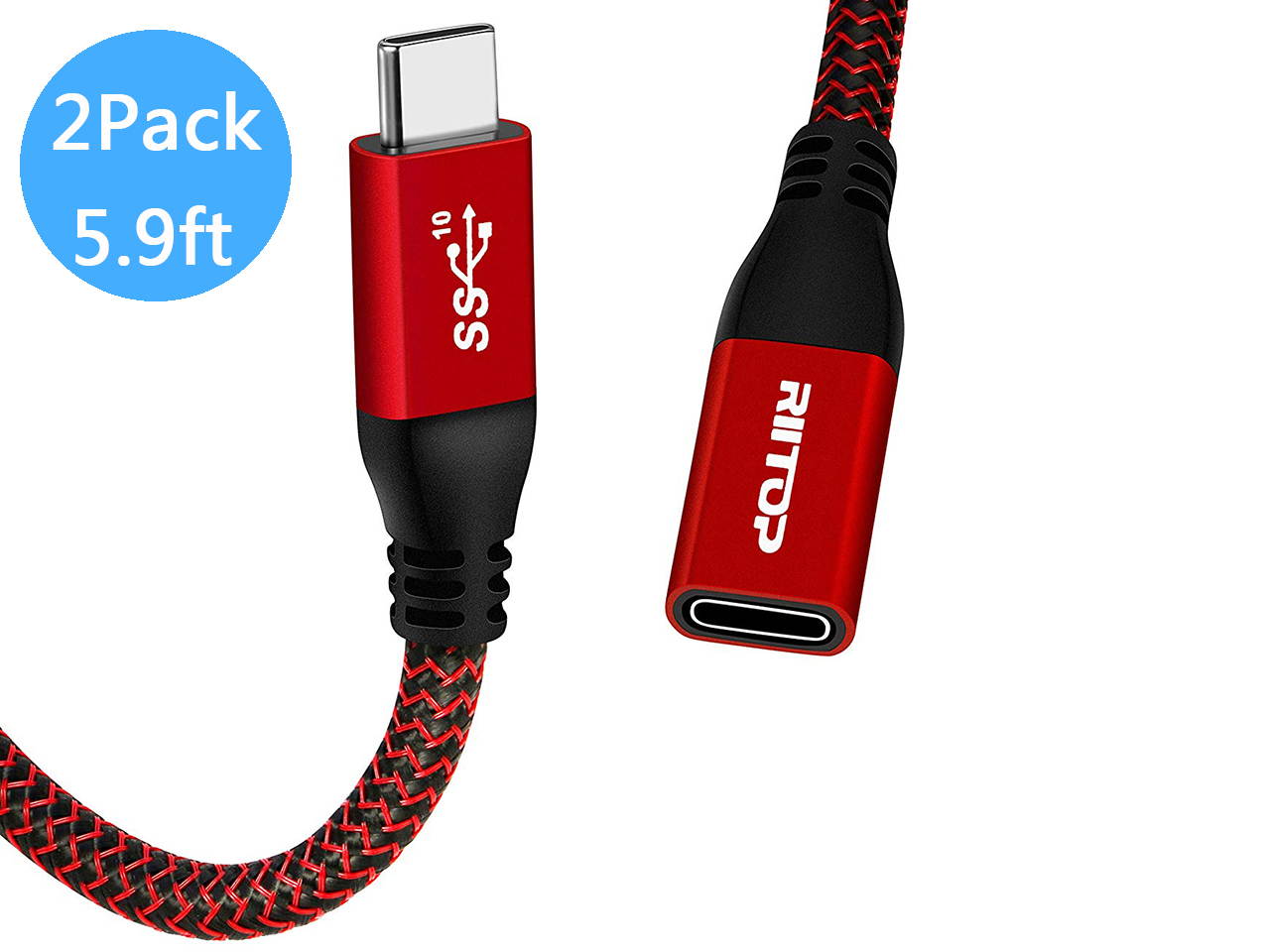 USB Type C Extension Cable Cord 6 ft (2Pack), RIITOP USB 3.1 Type C Gen2 10Gbps Male to Female Support Charging & Data for Nintendo Switch, MacBook Pro, Dell XPS